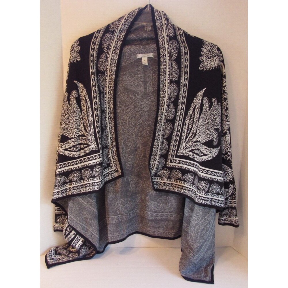 Dana Buchman Open Front Shawl Cardigan Black White Paisley Size Small Bohemian